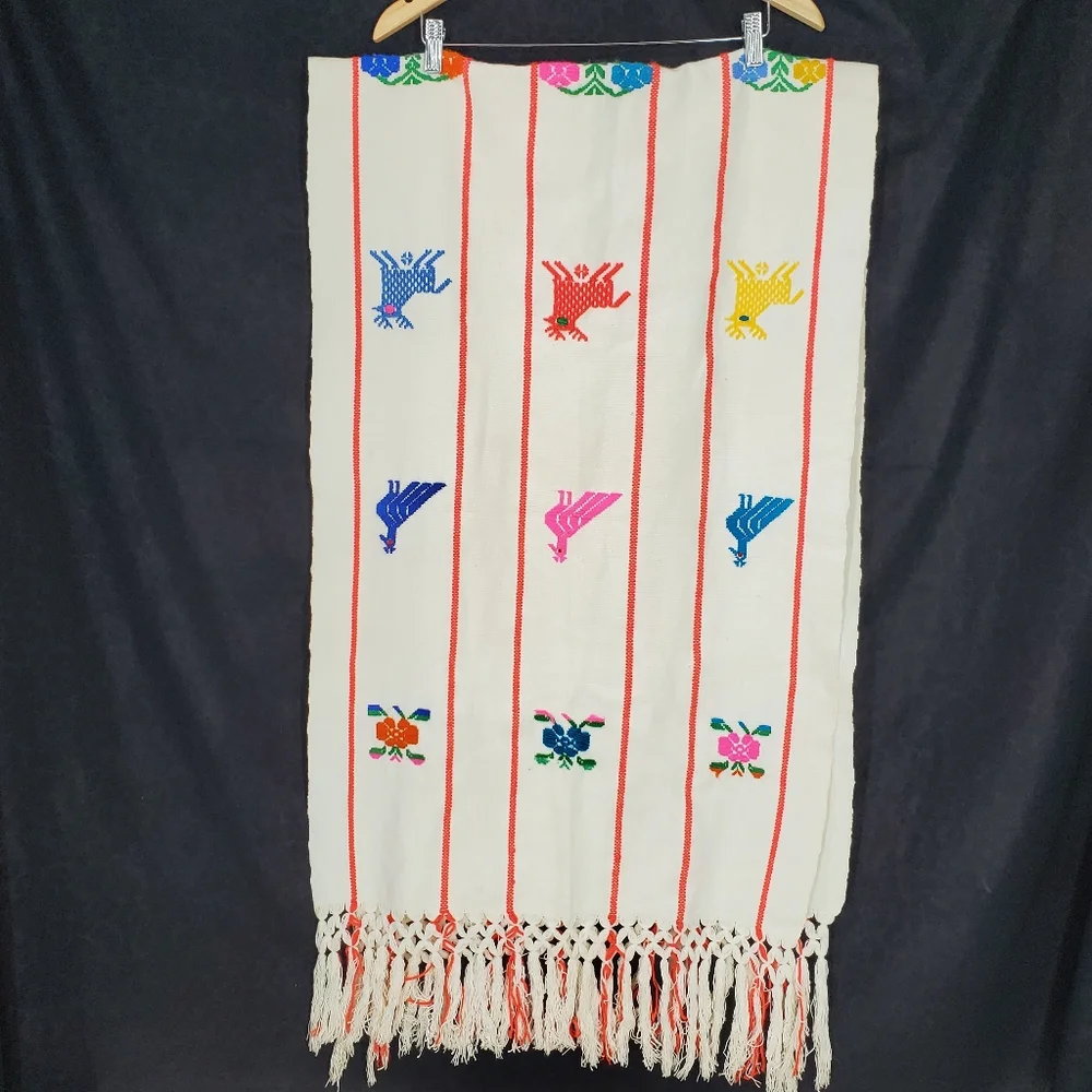 Hand Embroidered Table Runner Aztec Western Mexican Style Fringe Colorful